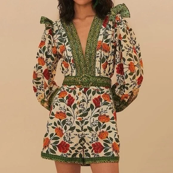 FARM Rio Multicolor Floral Romper in “Sand Garden”